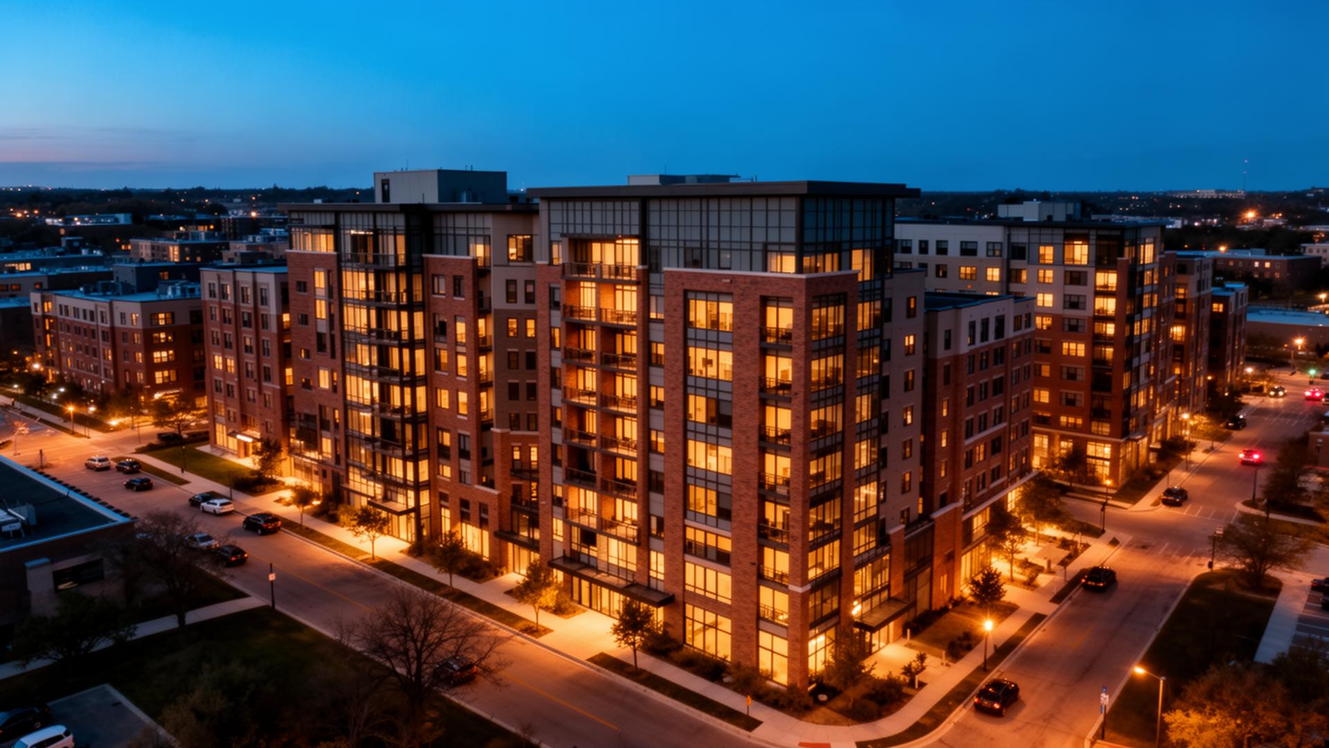 Modern multifamily community at dusk